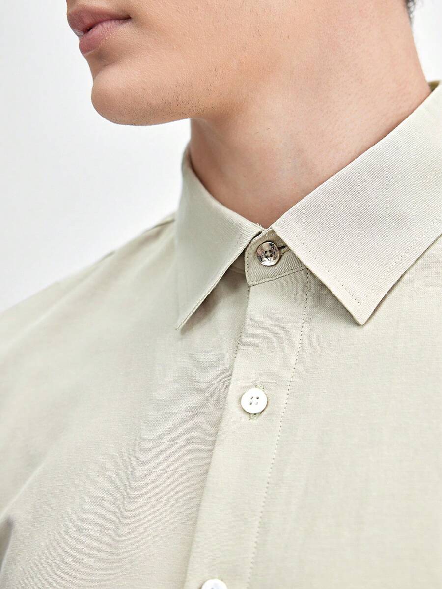 AKNOTIC Business Casual 純棉男士經編實色卡其長袖合身常規肩休閒襯衫，適合春夏季日常穿著