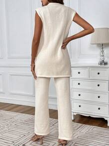 SHEIN LUNE Cárdigan sólido con botones en la parte frontal y pantalones de punto para el verano - Albaricoque - Ver 2