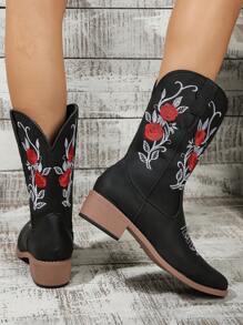 2024 新款女士方头低跟花卉刺绣西部牛仔靴，完美搭配开衫，户外时尚踝靴 - 黑色 - 查看 2
