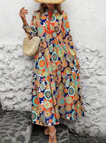 SHEIN Clasi Đầm viền nhún bèo in hoa toàn thân cho kỳ nghỉ hè - Nhiều màu - Xem 1