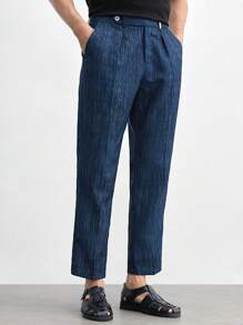 Manfinity VCAY Easy Care Linen-Like Men's Woven Printed Straight Leg Casual Suit Pants, Mid-Waist, Long, Suitable For Spring And Summer Season - Navy Blue - View 2