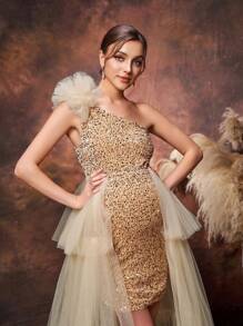 Maternity Asymmetrical Neck Mesh Overlay Sequin Party Elegant Dress
