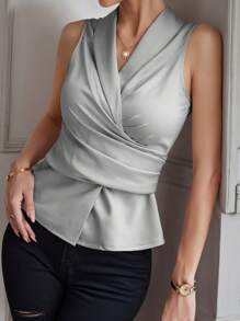 SHEIN Clasi Shawl Collar Wrap Cross Blouse For Dailywear - Light Grey - View 4