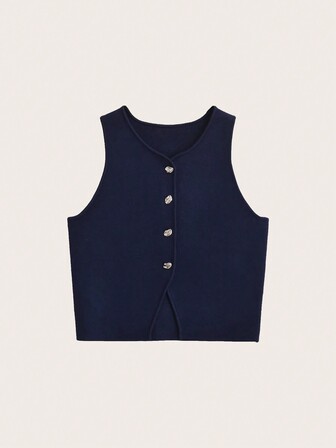 鈕扣前分裂式下擺針織上衣