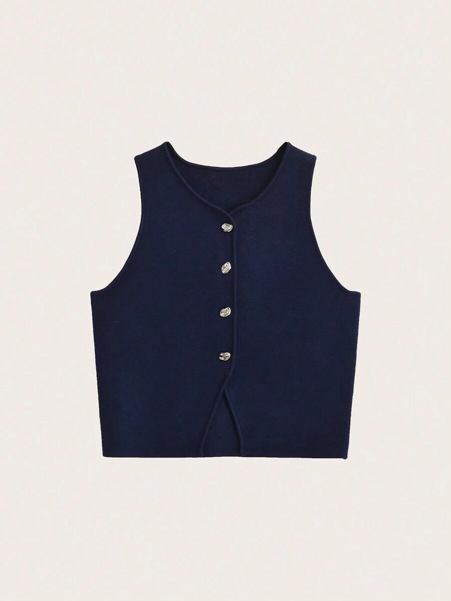 Button Front Split Hem Knit Top