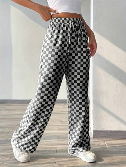 Fashion Me Checkerboard Elastic Waist Tie Decor Straight Leg Polyester Blend Black Casual Pants, Minimalist Versatile Daily Wear, Commuting, All Season, Valentine's Day Spring