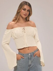 Forever 21 Thiết kế mùa hè mới Họa tiết vải Cà vạt Áo sơ mi dài tay phía trước - Màu be - Xem 5