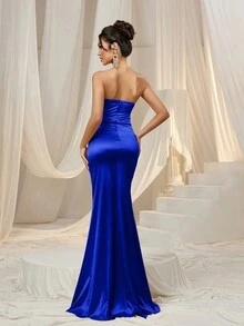 Faeriesty 褶饰前开衩缎面抹胸派对连衣裙