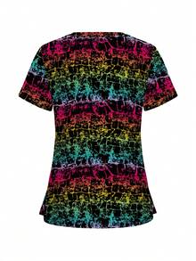 Blusa de uniforme de manga corta con estampado de moda, de uso diario y sencillo para mujeres - Multicolor - Ver 2