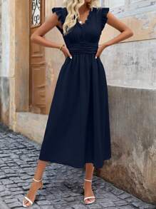 SHEIN Clasi Ruffle Trim Ruched Waist Midi Dress For Summer Maxi Women Outfit - Navy Blue - View 4