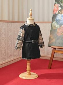 SHEIN 女嬰格紋印花二合一繫腰帶洋裝 - 彩色 - 查看 4