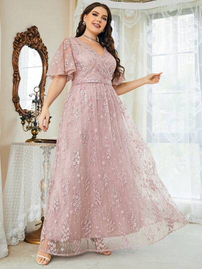 大码女式V领不对称交叉大喇叭袖刺绣蕾丝长款正式晚礼服优雅舞会婚礼宾客礼服，毕业典礼、晚宴、情人节礼服