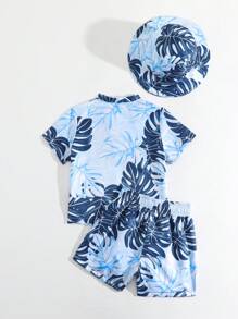 Baby Boys' Swimwear Set, Plant Print Swimsuit With Woven Fabric And Matching Hat - Multicolor - View 2