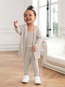SHEIN Conjunto de 3 piezas para bebé niña con parte superior de punto gris casual sin mangas y chaqueta, pantalones - Albaricoque - Ver 4
