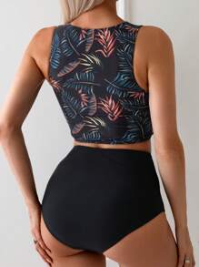 SHEIN Swim Lushore 女士树叶印花度假风格背心上衣、吊带泳衣和泳裤套装夏季 - 彩色 - 查看 2