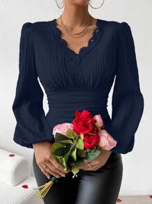 Chiquease Guipure Lace Trim Lantern Sleeve Blouse - Navy Blue - View 1