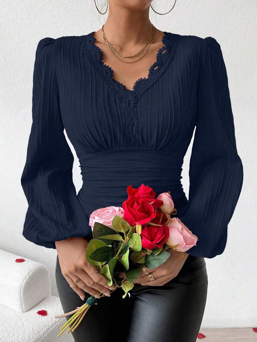 Chiquease Guipure Lace Trim Lantern Sleeve Blouse - Navy Blue - View 1