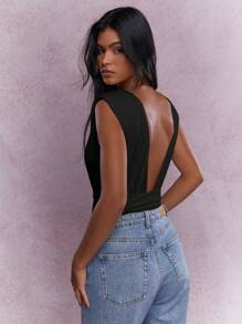 MISSGUIDED Plunge Neck Open Front Shoulder Padded Bodysuit - Black - View 2