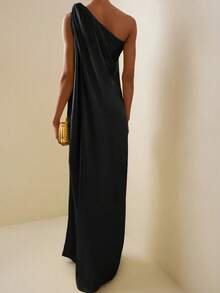 優雅無袖單肩開叉下擺純色長款晚禮服 - 黑色 - 查看 3
