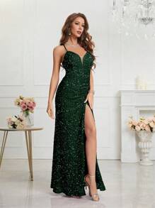 UNITHORSE Split Thigh Sequin Valentine's Day Cami Dress Elegant Formal Evening Prom Wedding Guest Gown, For Graduation, Dinner Party Dress, School Clothes - Dark Green - View 7