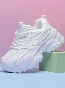 秋冬女士时尚休闲运动鞋，7 厘米厚鞋底，增高防水台，百搭白色高帮鞋，圆头，系带，透气网眼，适合日常、约会、健身、办公室，轻便减震 - 白色 - 查看 12
