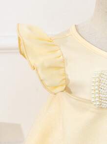Vestido para bebé niña de manga corta con cuello redondo, confeccionado en satén tejido de primavera/verano y con lazo y adornos de cuentas para bodas, fiestas y cumpleaños - Blanco - Ver 5