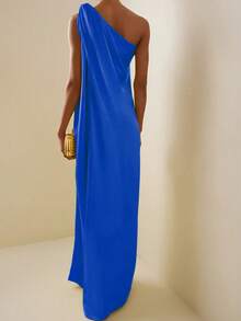 Elegant One-Shoulder Slit Solid Color Dress, Sleeveless - Blue - View 3
