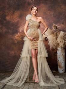 Maternity Asymmetrical Neck Mesh Overlay Sequin Party Elegant Dress