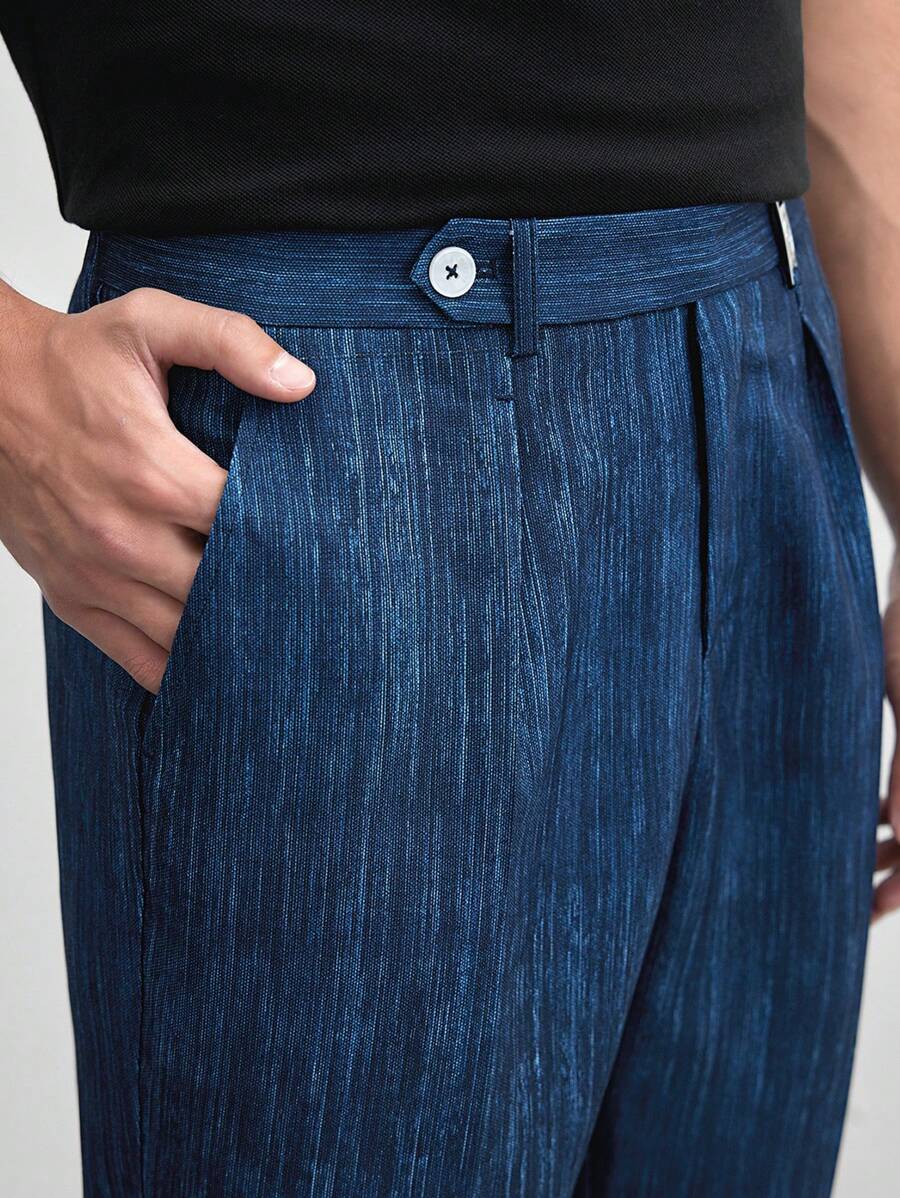 Manfinity VCAY Easy Care Linen-Like Men's Woven Printed Straight Leg Casual Suit Pants, Mid-Waist, Long, Suitable For Spring And Summer Season - Navy Blue - View 1