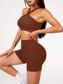 Easithlete Set di canotta e pantaloncini sportivi da donna, senza cuciture, con vita ampia, adatto per yoga ed esercizi fisici - Caffè Marrone - Visualizzare 4