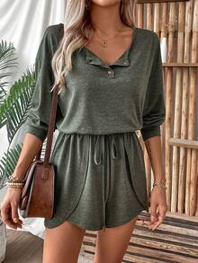 SHEIN LUNE Simple & Casual Pullover Knitted Long Sleeve Jumpsuit With Buttons - Army Green - View 7