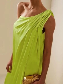 Elegant Solid Color Long Formal Dress With Slit Hem, Sleeveless One Shoulder Design - Green - View 5