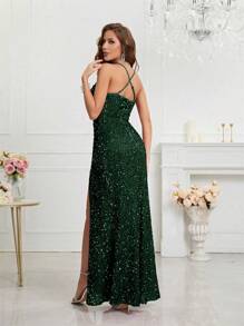 UNITHORSE Split Thigh Sequin Valentine's Day Cami Dress Elegant Formal Evening Prom Wedding Guest Gown, For Graduation, Dinner Party Dress, School Clothes - Dark Green - View 3