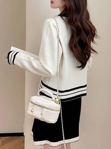 Spring/Autumn Casual Contrast Trim Design Crew Neck Cardigan - Beige - View 2