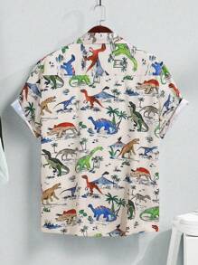 Manfinity RSRT Men's Button Down Short Sleeve Shirt With Dinosaur Print , Slim Fit Sleeveless Up Graphic Colorful Shirt - Multicolor - View 2