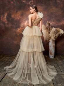 Maternity Asymmetrical Neck Mesh Overlay Sequin Party Elegant Dress