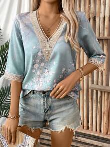 SHEIN LUNE Printed Casual Women's Spring Shirt, Classic Long Sleeve Button-Down Bohemian Blouse - Multicolor - View 3