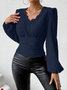 Chiquease Guipure Lace Trim Lantern Sleeve Blouse - Navy Blue - View 5