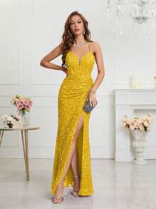 UNITHORSE Split Thigh Sequin Valentine's Day Cami Dress Elegant Formal Evening Prom Wedding Guest Gown, For Graduation, Dinner Party Dress, School Clothes - Yellow - View 4