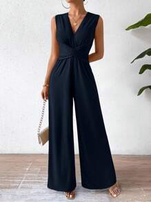 Chiquease Bộ áo liền quần liền thân Criss Cross Tie Back cho mùa hè - Màu xanh hải quân - Xem 5