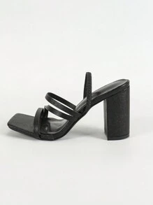 女士黑色方头粗跟高跟凉鞋，舒适百搭的套脚高跟拖鞋，柔软皮革材质，拉长腿部线条，春夏穿搭之选 - 黑色 - 查看 6