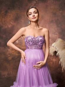 Faeriesty Dressalisa Maternity Floral Sequin Bodice Contrast Tulle Ruffle Trim Hem Photography Dress