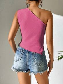 Chiquease Áo rau diếp một bên vai viền bất đối xứng - Màu Hồng  Dưa hấu - Xem 2