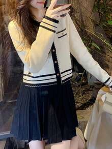 Spring/Autumn Casual Contrast Trim Design Crew Neck Cardigan - Beige - View 4
