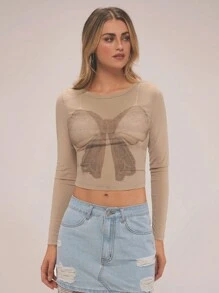 Forever 21 Nouveau haut d'été en maille transparente imprimée, style décontracté sexy - Nude - Voir 4