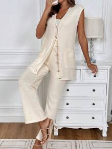 SHEIN LUNE Cárdigan sólido con botones en la parte frontal y pantalones de punto para el verano - Albaricoque - Ver 7