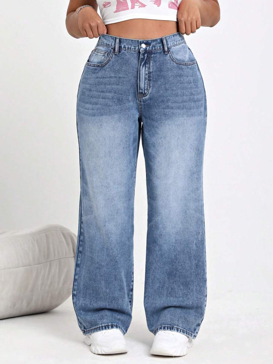 SHEIN ICON 高腰寬腿牛仔褲,適用於日常穿著 - 藍色 - 查看 1