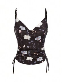 Chiquease 女士夏威夷風格休閒/日常/海灘假期花卉印花背心上衣 - 黑色 - 查看 3