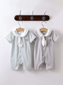 嬰兒男寶寶海洋領蝴蝶結爬服，2入組 - 彩色 - 查看 1