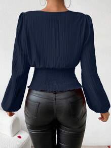 Chiquease Guipure Lace Trim Lantern Sleeve Blouse - Navy Blue - View 2